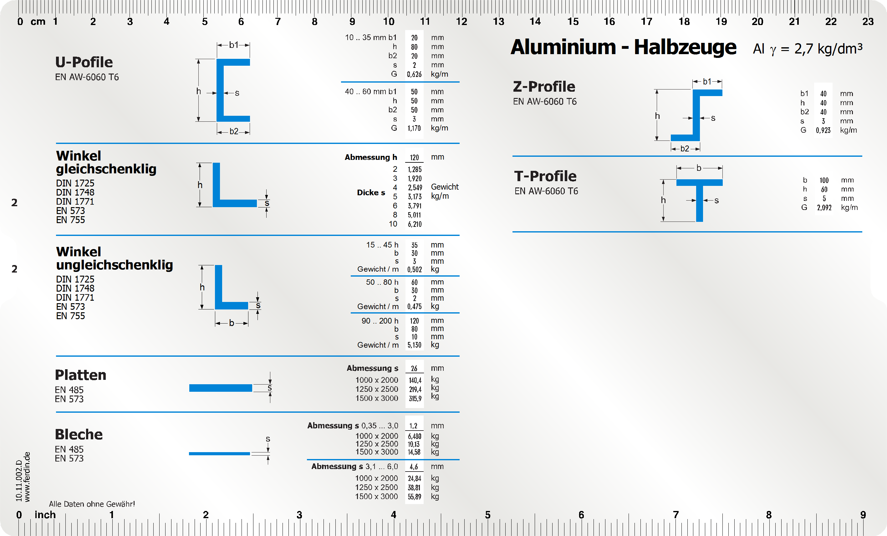 Aluminium Datenschieber Rückseite Datenschieber für die Gewichstermittlung von Aluminium Halbzeugen U-Profile, Winkel, Platten, Bleche, Z-Profile- T-Profile