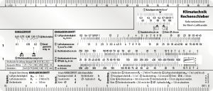 Rechenschieber für die Auslegung von Lüftungsanlagen Berechnung des Kanalgewichtes, Kanalquerschnitts, Rohrreibung und des Druckverlustes sowie für die Wärme- und Ventilatorauslegung.